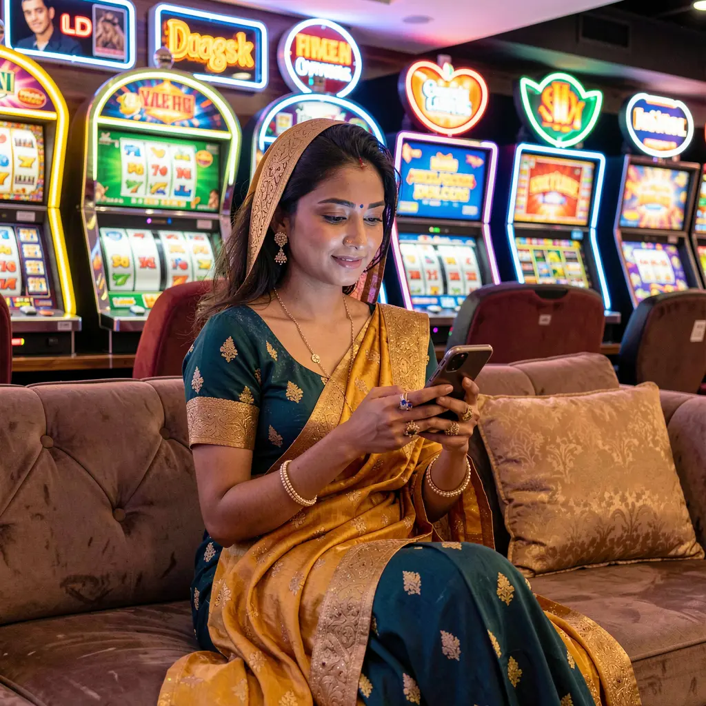 Stylish Bangladeshi woman relaxing on a sofa while using the TK6888 casino app with colorful neon casino symbols glowing behind her