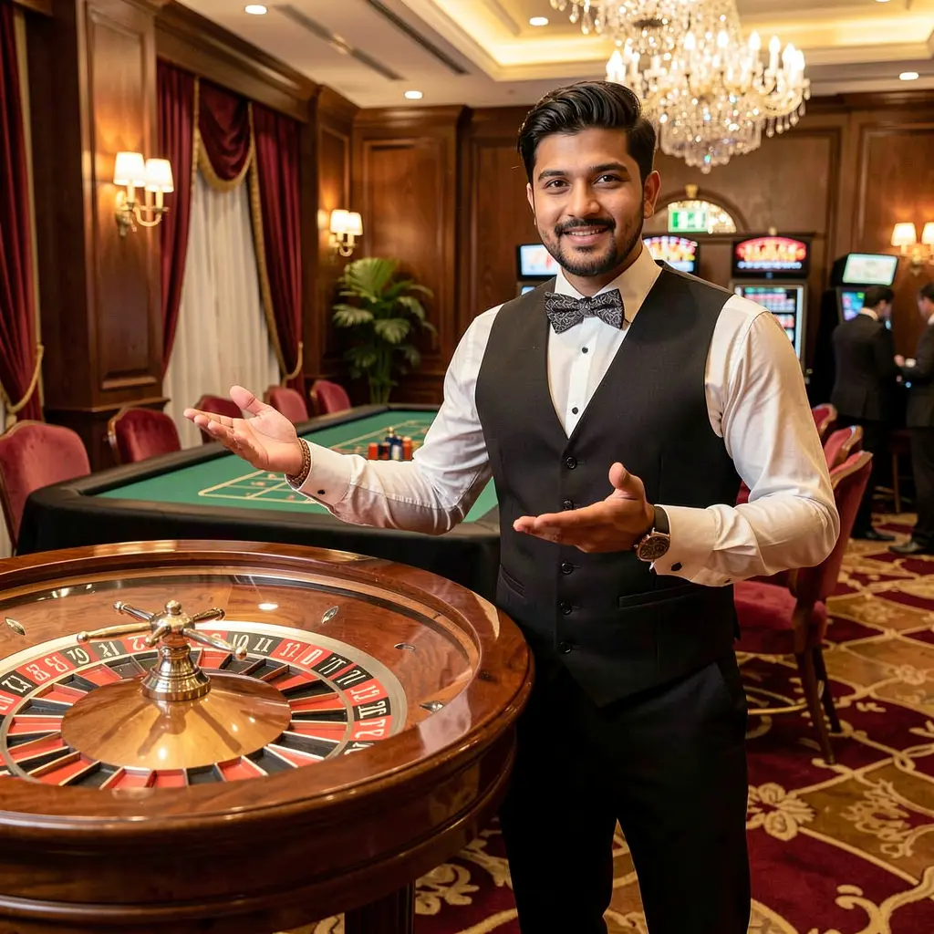 Confident live casino dealer standing by a roulette table in a luxury studio representing the high quality live casino games available at TK6888 for Bangladeshi players