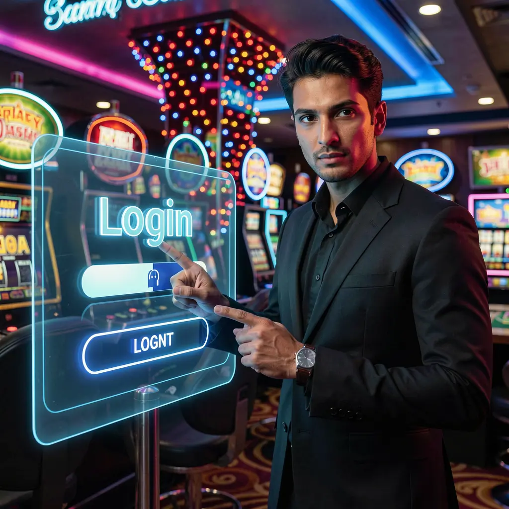 Professional Bangladeshi casino presenter pointing at a glowing digital login interface inside the TK6888 platform with neon casino visuals
